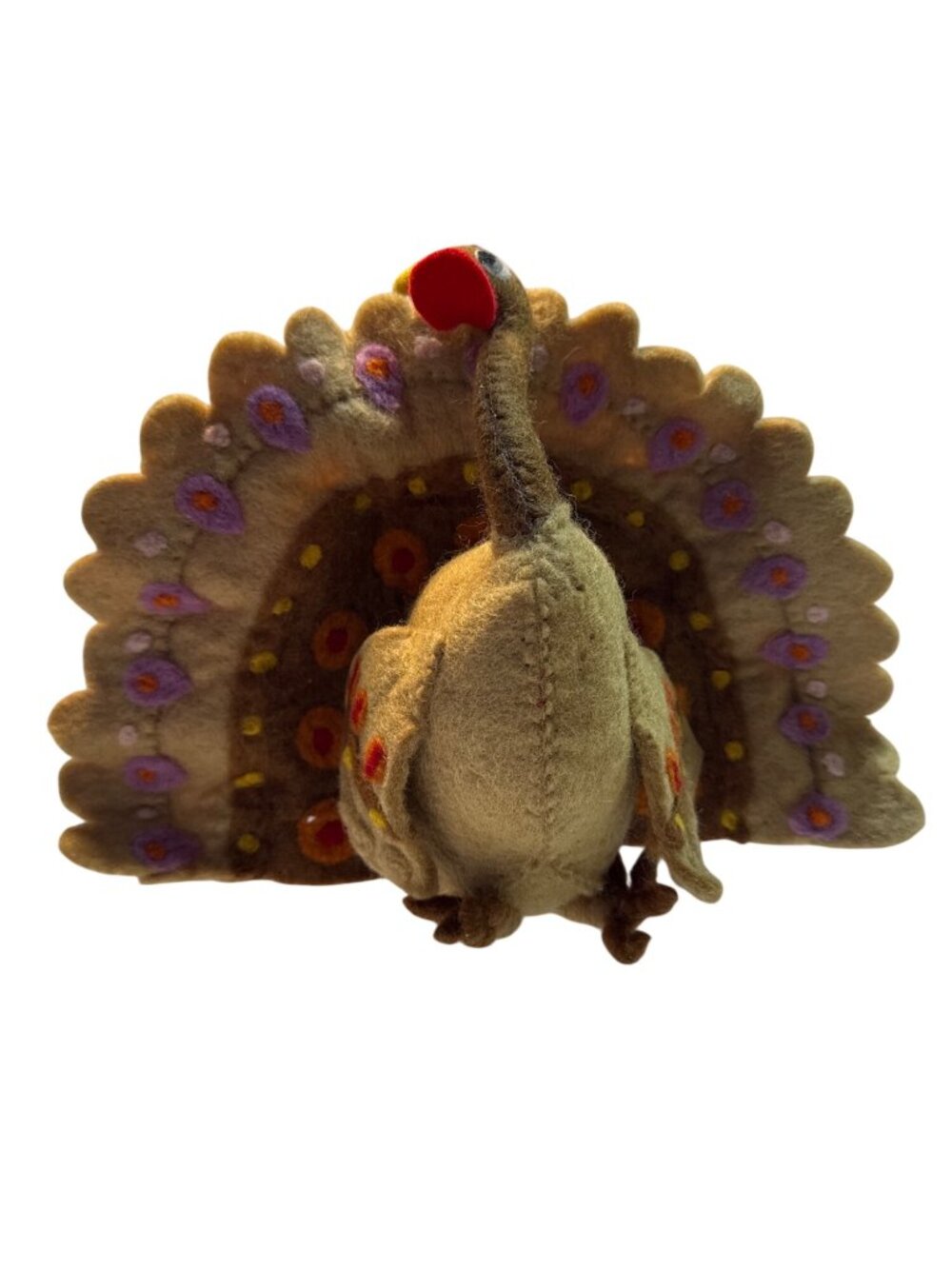 Felt Handmade Turkey Figurine Brown With Patterned Feathers 12 Inches Pre-Owned